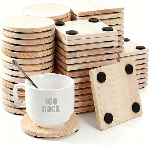 100 Pack Unfinished Wood Coasters for Crafts, 4 Inch Blank Wooden Coasters Bulk, 50 Round & 50 Square with Non-Slip Pads, DIY Painting Engraving for Wedding & Home Decor in Saudi Arabia