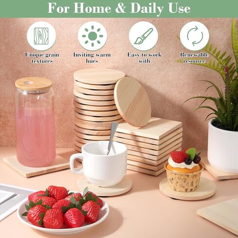 100 Pack Unfinished Wood Coasters for Crafts, 4 Inch Blank Wooden Coasters Bulk, 50 Round & 50 Square with Non-Slip Pads, DIY Painting Engraving for Wedding & Home Decor in Saudi Arabia