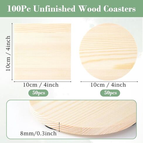 100 Pack Unfinished Wood Coasters for Crafts, 4 Inch Blank Wooden Coasters Bulk, 50 Round & 50 Square with Non-Slip Pads, DIY Painting Engraving for Wedding & Home Decor in Saudi Arabia