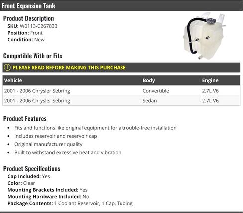 Marketplace Auto Parts Front Coolant Expansion Tank with Cap - Compatible with 2001-2006 Chrysler Sebring 2.7L V6 in Kuwait