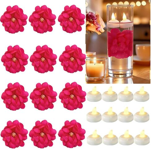 24 Pack Flameless Floating Candles and Floating Artificial Flower Led Battery Operated Waterproof Tea Lights for Vases Centerpieces at Wedding, Party, Pool Decor Pink in Saudi Arabia