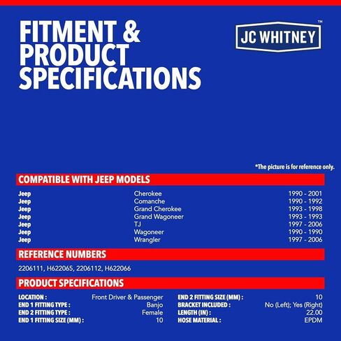 JC Whitney JFBAJCWBHH00302 Set of 2 Front Left & Right Brake Hydraulic Hoses - Compatible with Jeep Grand Cherokee 93-98, Wrangler 97-06, Cherokee 90-01, Wagoneer 1990, Grand Wagoneer 1993 in Kuwait