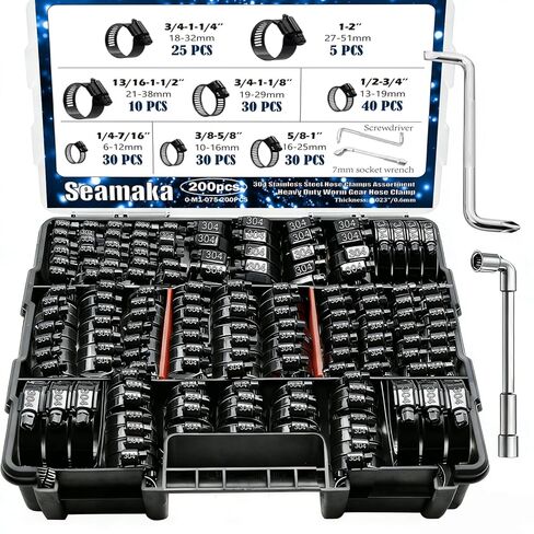 Hose Clamp Assortment 202PCS 304 Stainless Steel Hose Clamp Kit 1/4"–2"(6-51mm) Worm Gear Hose Clamps Heavy Duty Small Hose Clamps for Automotive Radiator Pipe,Plumbing,Fuel Line in Saudi Arabia