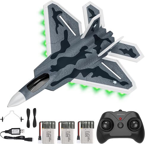 DEERC 2CH F22 Raptor RC Plane wiht Lights,Remote Control Airplane Fighter Toys,2.4GHz 6-axis Gyro Stabilizer RTF Glider Aircraft Jet Plane with 3 Batteries,Easy to Fly for Boys Adults in Saudi Arabia