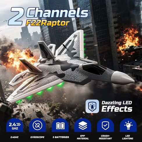 DEERC 2CH F22 Raptor RC Plane wiht Lights,Remote Control Airplane Fighter Toys,2.4GHz 6-axis Gyro Stabilizer RTF Glider Aircraft Jet Plane with 3 Batteries,Easy to Fly for Boys Adults in Saudi Arabia