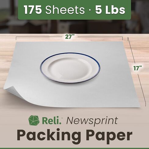 Reli. Newsprint Packing Paper (5 lbs), 175 Sheets | 27" x 17" | Packing Paper Sheets for Moving | Newspaper Box Filler | Perfect for Wrapping, Moving, & Packaging Supplies | Made in the USA in Kuwait