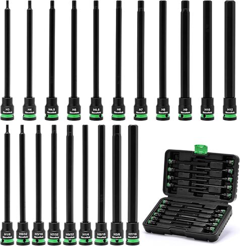 TecoTek 3/8" Drive Long Impact Hex Bit Socket Set, Allen Bit Sockets, 20PCS Allen Wrench Socket, SAE (1/8"-7/16") and Metric (3MM-12MM), 6" Long CR-V & S2 Alloy Steel Hex Key Set in Kuwait