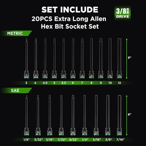 TecoTek 3/8" Drive Long Impact Hex Bit Socket Set, Allen Bit Sockets, 20PCS Allen Wrench Socket, SAE (1/8"-7/16") and Metric (3MM-12MM), 6" Long CR-V & S2 Alloy Steel Hex Key Set in Kuwait