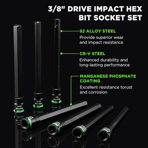 TecoTek 3/8" Drive Long Impact Hex Bit Socket Set, Allen Bit Sockets, 20PCS Allen Wrench Socket, SAE (1/8"-7/16") and Metric (3MM-12MM), 6" Long CR-V & S2 Alloy Steel Hex Key Set in Kuwait