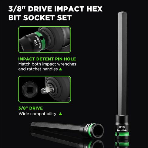 TecoTek 3/8" Drive Long Impact Hex Bit Socket Set, Allen Bit Sockets, 20PCS Allen Wrench Socket, SAE (1/8"-7/16") and Metric (3MM-12MM), 6" Long CR-V & S2 Alloy Steel Hex Key Set in Kuwait