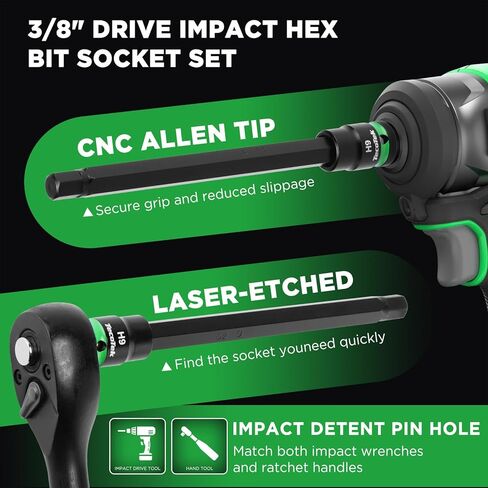 TecoTek 3/8" Drive Long Impact Hex Bit Socket Set, Allen Bit Sockets, 20PCS Allen Wrench Socket, SAE (1/8"-7/16") and Metric (3MM-12MM), 6" Long CR-V & S2 Alloy Steel Hex Key Set in Kuwait