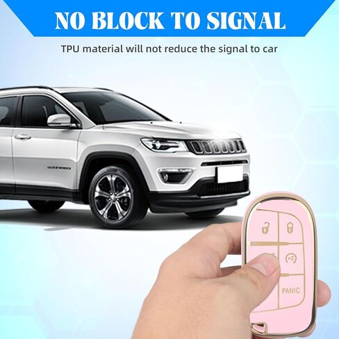 QBUC لغطاء مفتاح Jeep Fob مع سلسلة مفاتيح حماية ناعمة من مادة TPU متوافقة مع جيب جراند شيروكي رينيجيد كومباس ودودج تشالنجر دورانجو رام كرايسلر 200/300 (وردي مع زخرفة ذهبية) in Kuwait