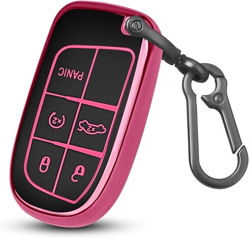 QBUC لغطاء مفتاح Jeep Fob مع سلسلة مفاتيح حماية ناعمة من مادة TPU متوافقة مع جيب جراند شيروكي رينيجيد كومباس ودودج تشالنجر دورانجو رام كرايسلر 200/300 (وردي مع زخرفة ذهبية) in Kuwait