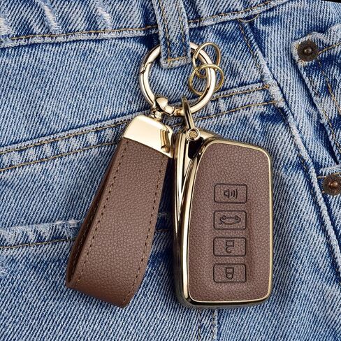 غطاء مفتاح Fob لسيارة Lexus مع سلسلة مفاتيح، جلد علوي + غطاء غطاء مفتاح ناعم من مادة TPU لـ ES هو GS NX RX RC GX LX 570 200 250 300 350 h F Sport، 4 أزرار (ذهبي وردي) in Kuwait