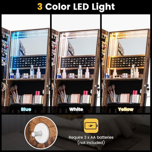 Jewelry Armoire with Full Length Mirror, Lockable Jewelry Cabinet with 3-Color LED Lights, Built-in Makeup Mirror, Tilt out Drawer & Storage Shelves, Standing Jewelry Organizer (White) in Saudi Arabia