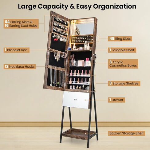 Jewelry Armoire with Full Length Mirror, Lockable Jewelry Cabinet with 3-Color LED Lights, Built-in Makeup Mirror, Tilt out Drawer & Storage Shelves, Standing Jewelry Organizer (White) in Saudi Arabia