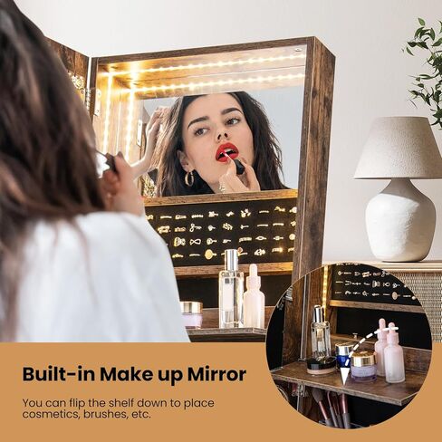 Jewelry Armoire with Full Length Mirror, Lockable Jewelry Cabinet with 3-Color LED Lights, Built-in Makeup Mirror, Tilt out Drawer & Storage Shelves, Standing Jewelry Organizer (White) in Saudi Arabia