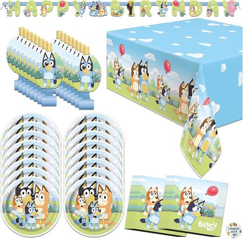 Unique Bluey Party Supplies | Noisemaker Party Pack | Serves 16 | Officially Licensed | Plates, Napkins, Table Cover, Banner, Blowouts | Birthday Party Supplies For Kids, Classrooms in Kuwait