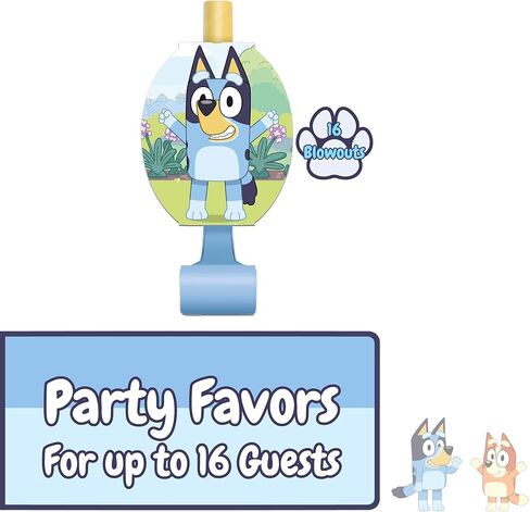 Unique Bluey Party Supplies | Noisemaker Party Pack | Serves 16 | Officially Licensed | Plates, Napkins, Table Cover, Banner, Blowouts | Birthday Party Supplies For Kids, Classrooms in Kuwait