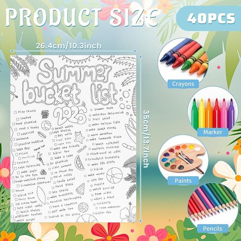 Epakh 40 Pcs Summer Bucket List for Kids Bulk Color Your Own Summer Bucket List Activity Poster Personalized Holiday Break Ideas Checklist End of School Year Crafts for Kids Camp Birthday Parties in Kuwait