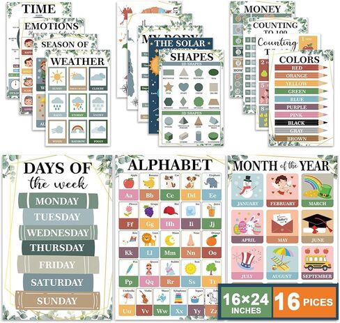16 Pcs 16"x24" Large Educational Posters for Classroom Decor-Educational Posters for Toddlers 1-3 Learning Poster for Boys Girls Ages 3-5,Kindergarten Preschool Classroom Teacher Must Haves Chart Boho in Saudi Arabia