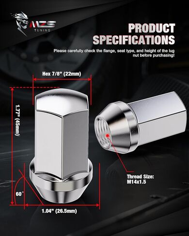 MZS M14x1.5 Lug Nuts, 7/8" Hex Closed End Conical Seat Wheel Nut for Selected Models, One-Piece Design Lugnuts, Replace OEM 9596070 611-236 611-330 611-152, 611-331 15551469 9598179, Chrome, 24PCS in Kuwait