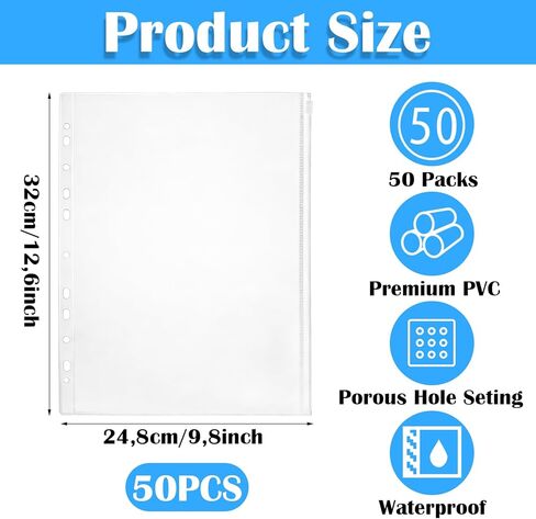 JMIATRY 50PCS Clear A4 Binder Pockets for 3 Ring Binder Folders with 11 Holes, Pinder Pouches Plastic Envelopes with Zipper Closure, A4 Size Binder Zipper Pouch Inserts for 2/3/4 Ring Document Storage in Saudi Arabia