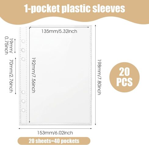 20 Sheets Clear Pocket Protectors, 6 Ring A5 Binder Inserts Sleeves, Double Sided Clear Planner Inserts, Plastic Sleeves for Binder Refill, Photo Card Sticker Organizer Pocket Pages in Kuwait