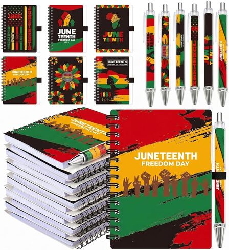 Sabary 12 مجموعة / 24 قطعة من هدايا حفلات Juneteenth المفضلة لدفاتر الملاحظات Juneteenth الحلزونية، أقلام حبر جاف، الاحتفال بالجملة، 19 يونيو، مجلات يوم الحرية لديكور حفلات المهرجانات الأمريكية الأفريقية in Kuwait