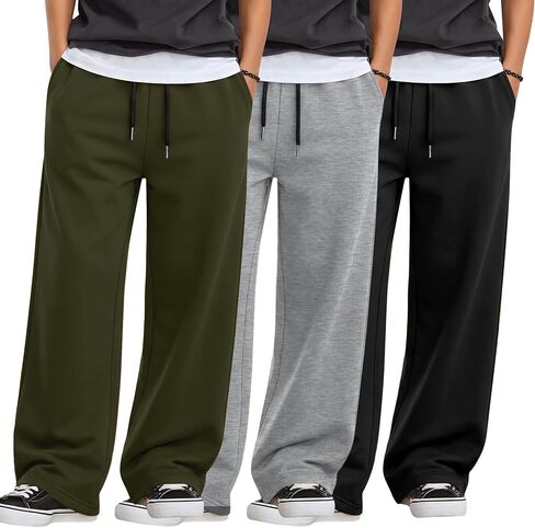 3 Pcs Boys Lightweight Sweatpants Wide Leg Open Bottom Drawstring Elastic High Waist Joggers Baggy Athletic Pants in Saudi Arabia