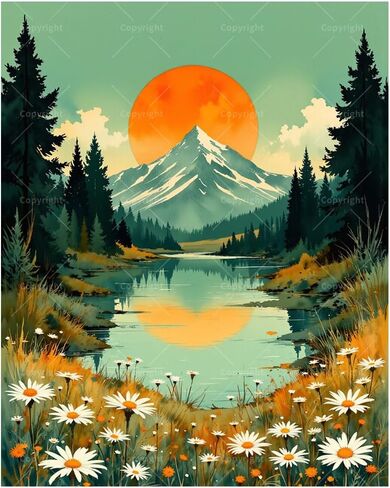 Landscape Paint by Numbers Kit for Adults - DIY Sunset Mountain Lake with Daisies Painting on Canvas 16x20In, Acrylic Paint Set, Suitable for Beginners, Art for Home Decoration or Gifts in Saudi Arabia