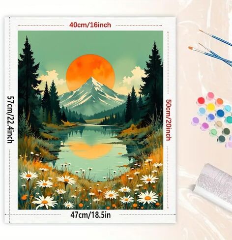 Landscape Paint by Numbers Kit for Adults - DIY Sunset Mountain Lake with Daisies Painting on Canvas 16x20In, Acrylic Paint Set, Suitable for Beginners, Art for Home Decoration or Gifts in Saudi Arabia