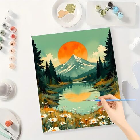 Landscape Paint by Numbers Kit for Adults - DIY Sunset Mountain Lake with Daisies Painting on Canvas 16x20In, Acrylic Paint Set, Suitable for Beginners, Art for Home Decoration or Gifts in Saudi Arabia