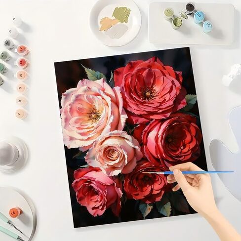 Floral Paint by Numbers Kit for Adults - DIY Red and Pink Roses Bouquet Painting on Canvas 16x20 Inches, Acrylic Paint Set, Suitable for Beginners, Art for Home Decoration or Gifts in Saudi Arabia