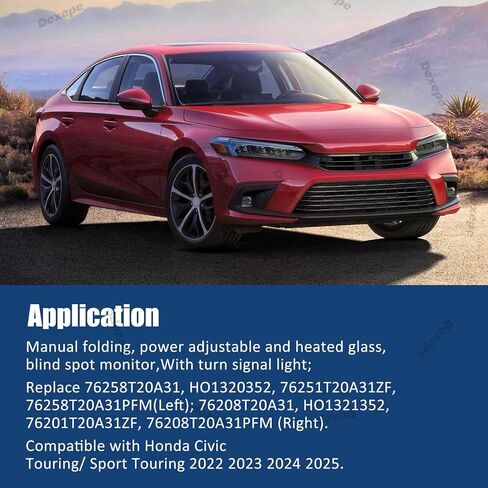 مجموعة مرآة جانبية للركاب متوافقة مع Honda Civic 2022-2025 مُسخنة مع شاشة النقطة العمياء، إشارة الانعطاف، استبدال زجاج الطاقة القابل للتعديل 76208T20A31 HO1321352 (8Pin يمين) in Kuwait
