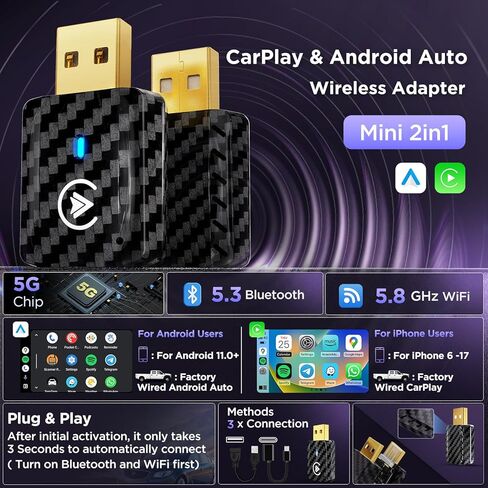 محول Carplay اللاسلكي ومحول Android Auto اللاسلكي، 2 في 1 Auto Car Play Wireless Dongle لـ OEM السلكية Carplay/Android Auto Car مع iPhone iOS 12+ / Android 11+ in Saudi Arabia