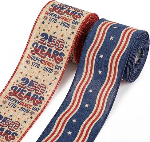 2 Rolls 2.5" × 5 Yd USA 250th Anniversary Ribbon 250 Years Patriotic Wired Burlap Ribbon Stars and Stripes 4th of July Decor Ribbons for Eagle Wreath Tree Bow DIY Crafts Gift Wrapping Party Supplies in Kuwait