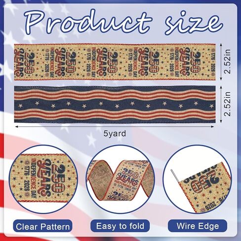 2 Rolls 2.5" × 5 Yd USA 250th Anniversary Ribbon 250 Years Patriotic Wired Burlap Ribbon Stars and Stripes 4th of July Decor Ribbons for Eagle Wreath Tree Bow DIY Crafts Gift Wrapping Party Supplies in Kuwait