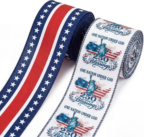 2 Rolls 2.5" × 5 Yd USA 250th Anniversary Ribbon 250 Years Patriotic Wired Burlap Ribbon Stars and Stripes 4th of July Decor Ribbons for Eagle Wreath Tree Bow DIY Crafts Gift Wrapping Party Supplies in Kuwait