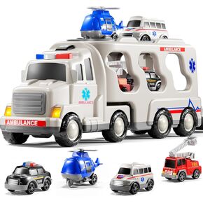 Ambulance Truck Toys Set for Kids Toddlers 1-3 3-5 Years Old, Carrier Truck Playset with Toy Cars, Light and Sound, City Learning Toys for Toddlers, Birthday Gifts for Boys Girls Aged 2-4 4-8 in Saudi Arabia