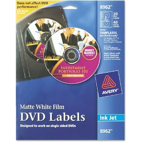 Avery 8962 DVD Inkjet Labels, 20 Sheet/2 Labels P/Sheet, Matte, White in Saudi Arabia