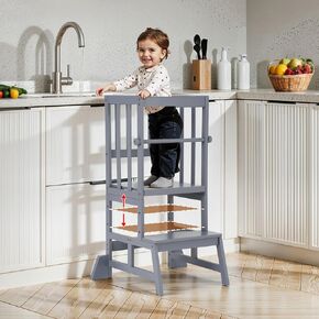 COSYLAND Toddler Standing Tower - Adjustable Height Toddler Kitchen Stool Helper - Kids Kitchen Step Stool for Learning with Removable Safety Railing Natural in Saudi Arabia