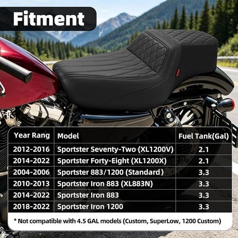 One-Piece Motorcycle Seat Cushion Compatible with Harley Sportster Iron XL883 XL1200 (2004-2006)&(2010-2022) Suitable for 2.3-3.3 Gal in Saudi Arabia