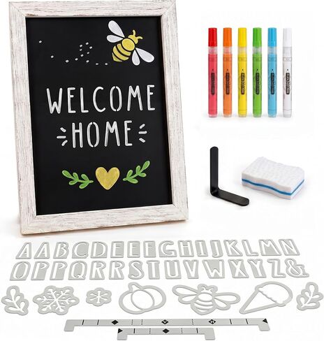 Magnetic Chalkboard Sign Kit - 12x17 Framed Hanging or Tabletop Chalk Board with Easel Stand, Acrylic Markers, Design & Letter Stencils for Chalkboard Art, Kitchen Countertop Menu (Farmhouse White) in Saudi Arabia