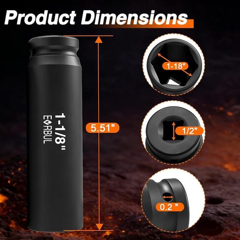 EVRBUL 1/2" Drive 1-1/8" مقبس تصادم عميق إضافي عالي التحمل بتصميم 6 نقاط معالج حراريًا لشاحنات السيارات وإصلاح المعدات الثقيلة in Kuwait