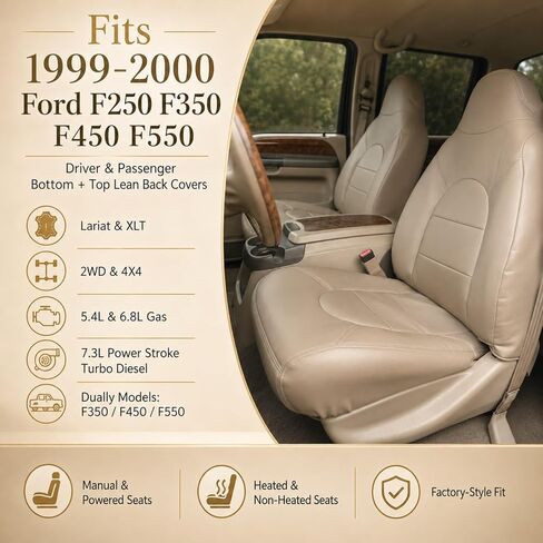 NLQR أغطية مقاعد جلدية بديلة للسائق والراكب من الجانب السفلي والعلوي باللون البني المتوافق مع Ford F250 F350 F450 F550 Lariat XLT 1999 2000 in Kuwait