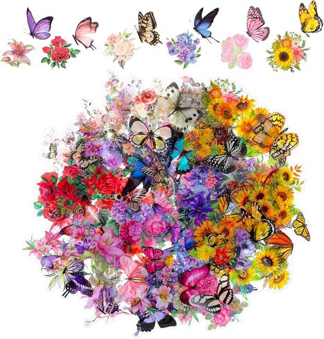 300Pcs Assorted Butterfly and Flower Scrapbook Stickers, Transparent Floral Decals, Aesthetic Journaling Scrapbooking Stickers for Card Making Journal Planner Craft Supplies 6Packs Variety 150Designs in Kuwait