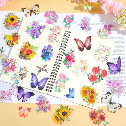 300Pcs Assorted Butterfly and Flower Scrapbook Stickers, Transparent Floral Decals, Aesthetic Journaling Scrapbooking Stickers for Card Making Journal Planner Craft Supplies 6Packs Variety 150Designs in Kuwait