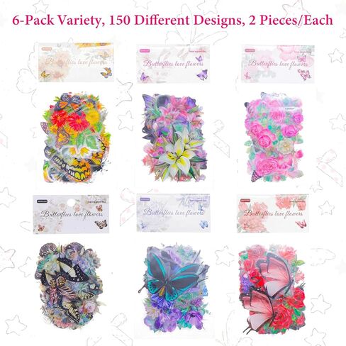 300Pcs Assorted Butterfly and Flower Scrapbook Stickers, Transparent Floral Decals, Aesthetic Journaling Scrapbooking Stickers for Card Making Journal Planner Craft Supplies 6Packs Variety 150Designs in Kuwait