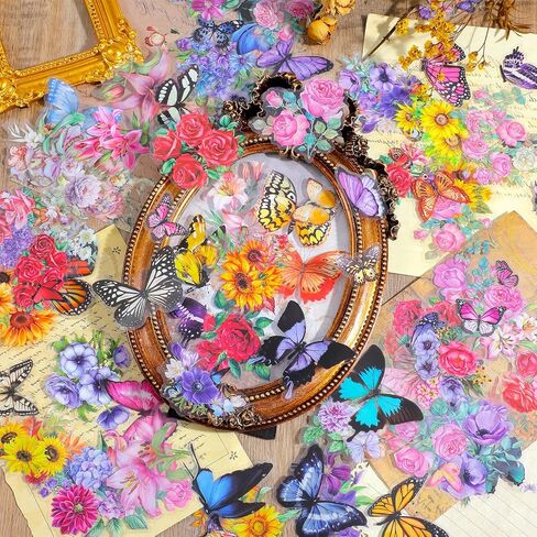 300Pcs Assorted Butterfly and Flower Scrapbook Stickers, Transparent Floral Decals, Aesthetic Journaling Scrapbooking Stickers for Card Making Journal Planner Craft Supplies 6Packs Variety 150Designs in Kuwait